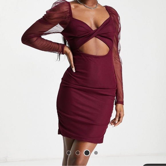 Twist Front Ruched Sheer Sleeved Mini Dress in Berry- 6 - Picture 1 of 8